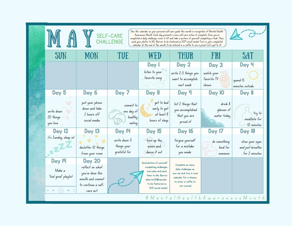 ThomasKelly_CP's tweet photo. Hey KCP don't forget to send us your pictures of you completing these daily self-care activities! #KCP #KellyCares #MentalHealthAwarenessMonth #SelfCareChallenge #counseling https://t.co/Nl3TbwPNes