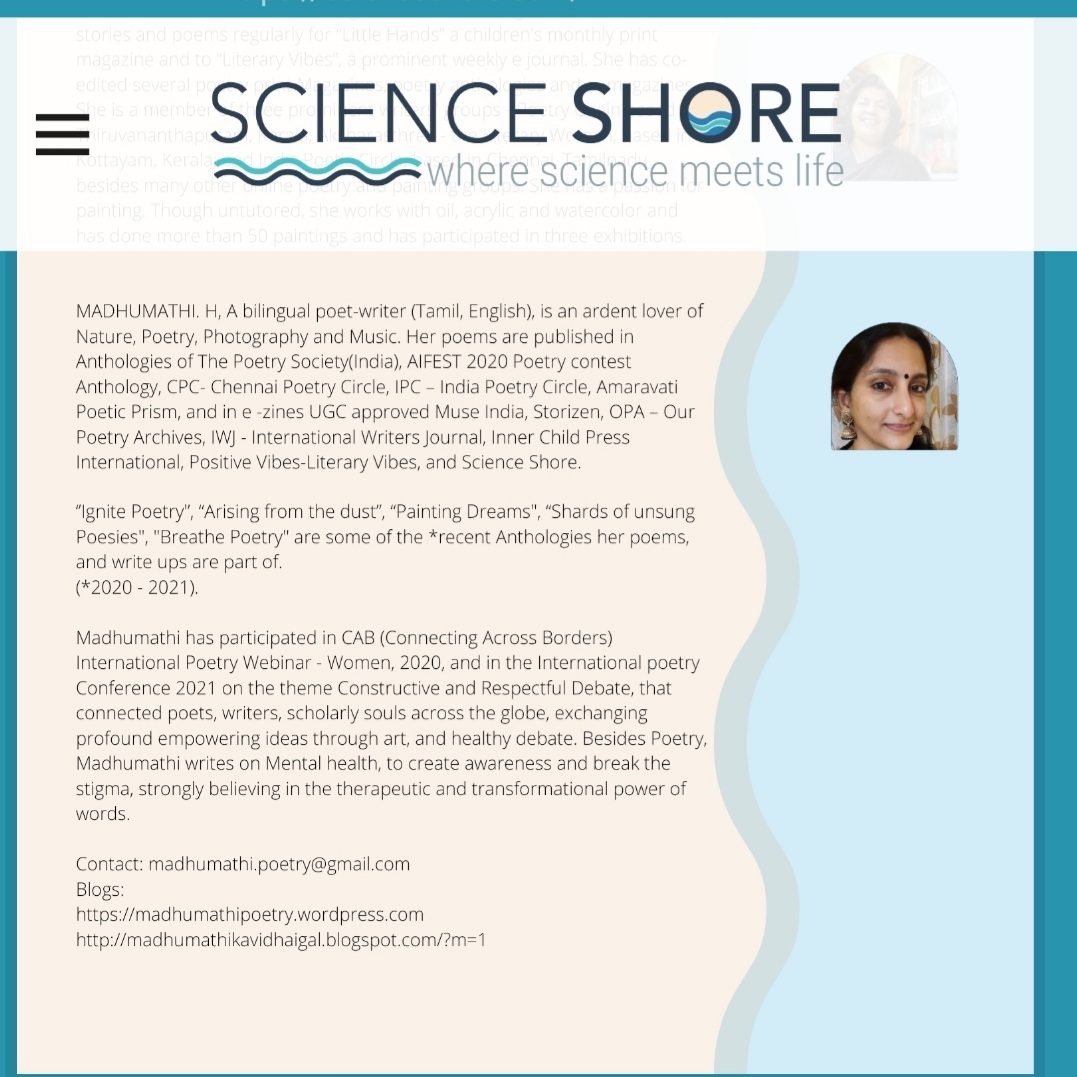 Madhumathi_Inks's tweet photo. Published in #ScienceShore
An ideal magazine for Science, and art lovers.
https://t.co/kscPn6BEoE
#Silence #CocoonMoments #Respectspace #SocialMedia #writerscommunity #MentalHealth #Healing #WritingCommunity #Writers #MadhumathiPoetry https://t.co/iTWYFv0ZCK