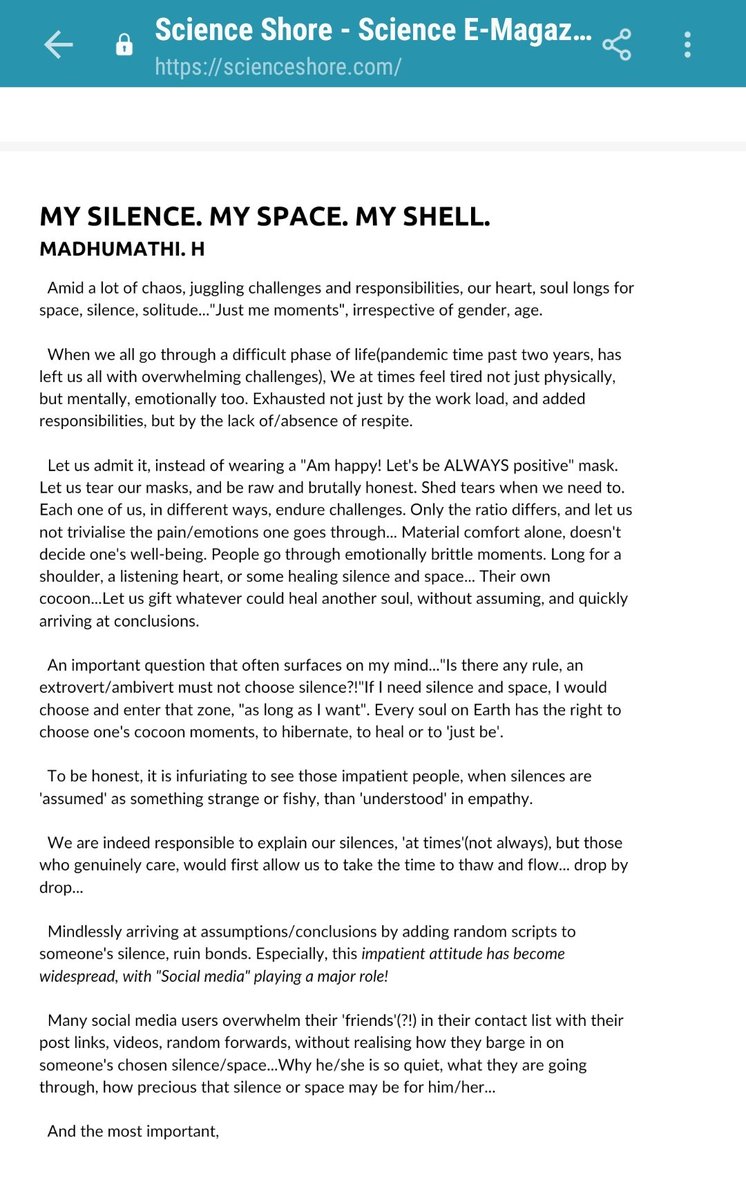 Madhumathi_Inks's tweet photo. Published in #ScienceShore
An ideal magazine for Science, and art lovers.
https://t.co/kscPn6BEoE
#Silence #CocoonMoments #Respectspace #SocialMedia #writerscommunity #MentalHealth #Healing #WritingCommunity #Writers #MadhumathiPoetry https://t.co/iTWYFv0ZCK