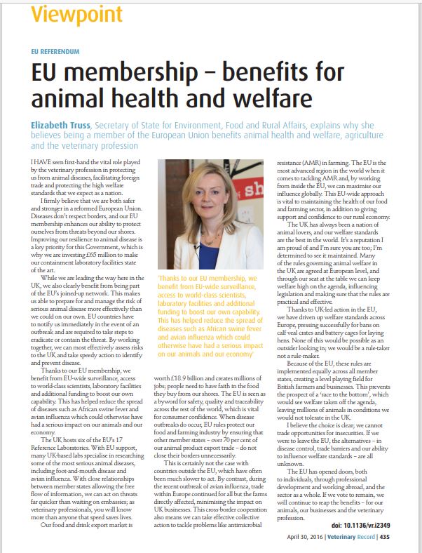 pmdfoster's tweet photo. How do we know this is a problem...well a former Defra secretary -- one @trussliz warned of this in the 2016 referendum campaign in an article for @Vet_Record /12 https://t.co/2isrikJqkM