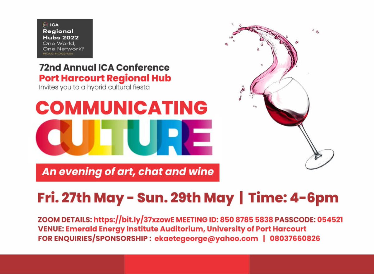You are invited! Port Harcourt, Nigeria is home to one of Africa's most vibrant cultural community.

Have a poem to read, song to sing, short story to tell, artwork  to share, or just want fun chats on comms &amp; culture?

Join our #ica22 #ICA22hubs Communicating Culture evenings :)
