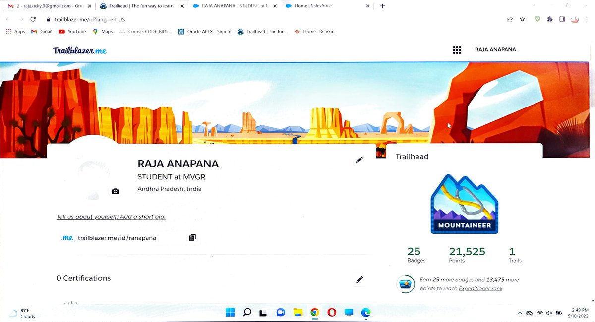 Raja_Ricky0's tweet photo. Achieved MOUNTAINEER rank 
Still working hard to gain more progress...
@satyagoluguri
@amandabauman
@kavindrapatel
@SfdcKiran
@MVGRCEA https://t.co/Qe534rk9Ib