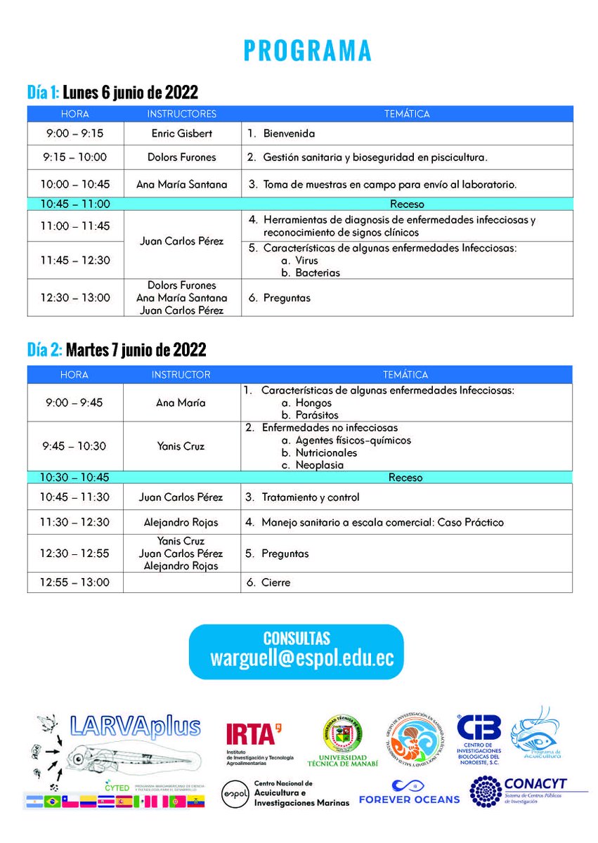 CENAIM_espol's tweet photo. El CENAIM como parte de @LARVAplus, extiende la invitación al Taller Virtual “Diagnosis y Control de Enfermedades Comunes en Peces Tropicales de Interés Comercial”, a desarrollarse el 6 y 7 de junio. 
Inscripciones gratuitas hasta el 31 de Mayo 2022. https://t.co/U4mNNZgl9G https://t.co/HWuHfw7iwc