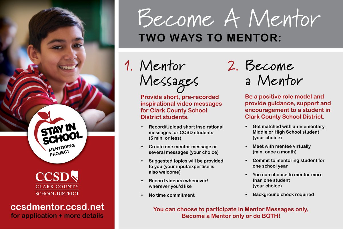You can 💚 be a positive role model to a CCSD student! The Stay in School Mentoring Project are offering virtual information sessions in June so you can learn ways to help a student. Sign up now at forms.gle/xGiKbtWu4Bv2dN…