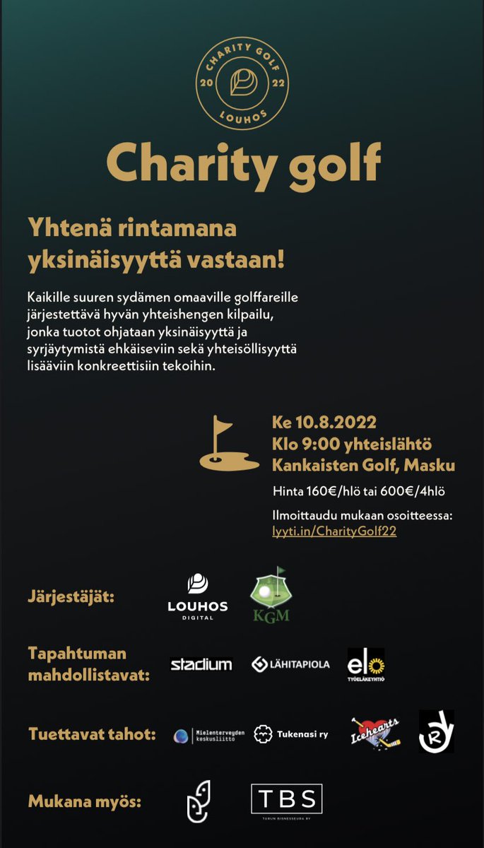 Nyt se on virallista: Louhos Charity Golf järjestetään jälleen ke 10.8.2022 Kankaisten Golfissa, Maskussa! 💪⛳️

Kaikki tuotto yksinäisyyttä ehkäiseviin ja yhteisöllisyyttä lisääviin tekoihin. ❤️ 

Lisätietoja ja ilmoittautuminen:
lyyti.in/CharityGolf22

Lähde mukaan! 🏌️‍♂️ #golffi