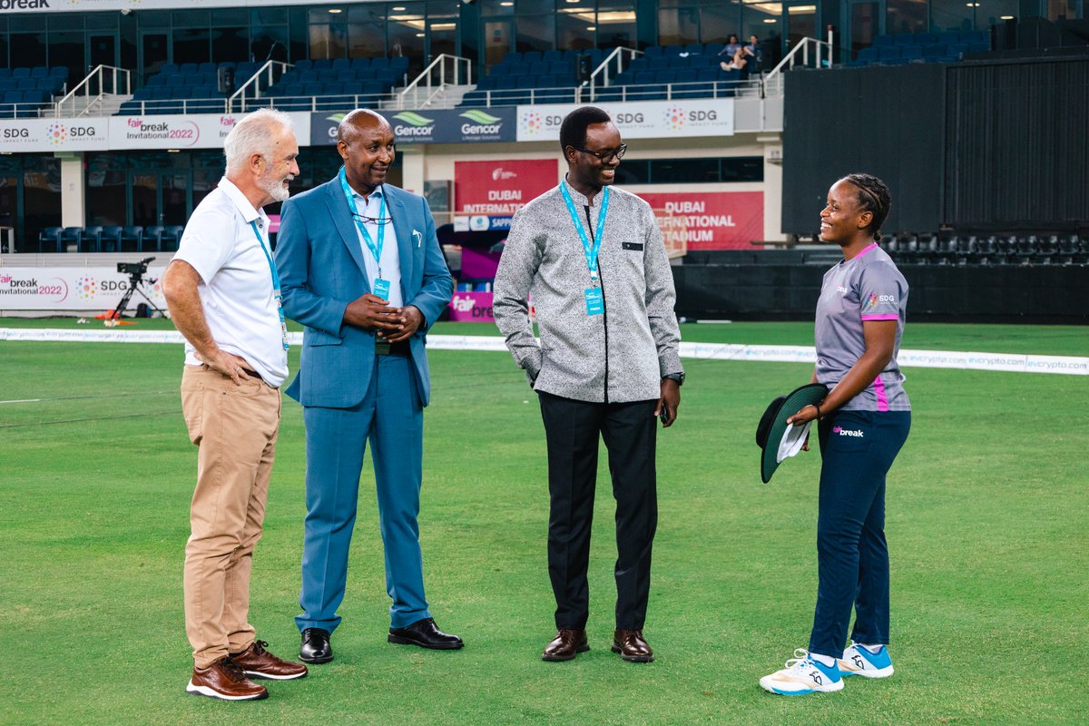 RwandaInUAE's tweet photo. This Tuesday, Amb. @ehategeka was invited as honorary coin toss for the cricket tournament at the Dubai International Cricket stadium where Rwanda's Ishimwe Henriette  joined team @TheBarmyArmy competing in Fairbreak Invitational Tournament. @fairbreakglobal @RwandaCricket https://t.co/Tc4ahqnh3k