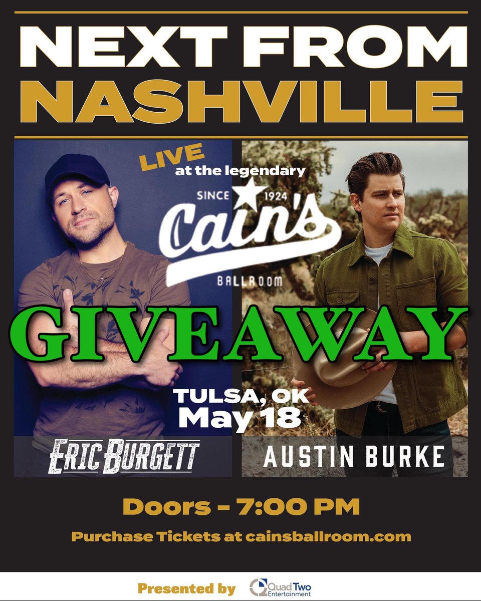🚨 GIVEAWAY TIME 🚨 we’re giving away 2 tickets to see <a href="/eburgettmusic/">Eric Burgett</a> and <a href="/AUSTINPBURKE/">.</a> at the <a href="/CainsBallroom/">Cain's Ballroom</a> on Wednesday, May 18th!! 🤠 check the comments to see how to enter 👇🏼
#BastetPromotions #CainsBallroom #NextFromNashville #EricBurgett #AustinBurke #Country #CountryMusic