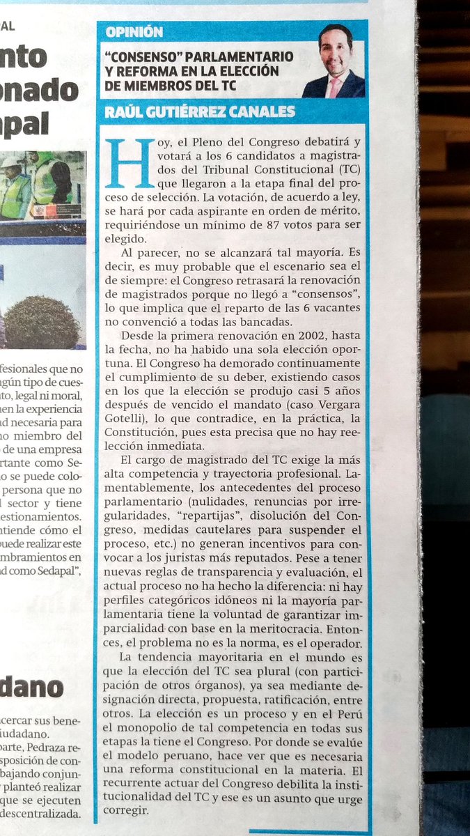 MarioRaulGC's tweet photo. Comparto una opinión sobre la necesidad de reformar el proceso de elección de magistrados del TC, a propósito de la sesión que hoy desarrollará el Congreso. https://t.co/zlLaNm1tIu