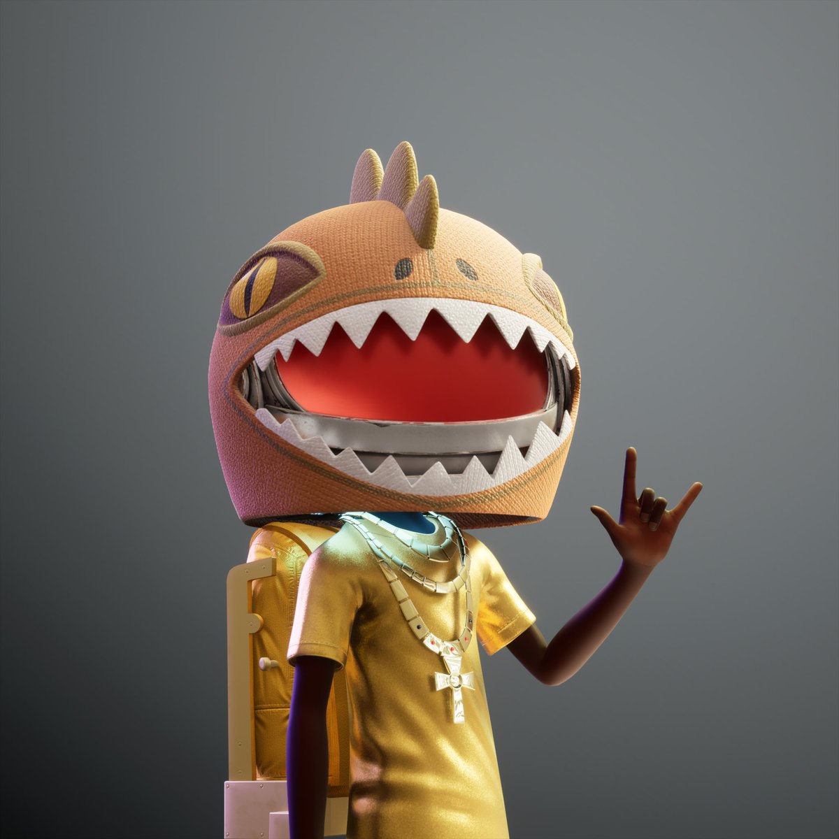 NFTarthur's tweet photo. Got an Akutar &amp; never shared it so here it is 👋🏻 Love that🦖 helmet @AkuDreams #WeAreAku https://t.co/bFbKKlvTXM