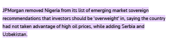 FinPlanKaluAja1's tweet photo. As Emefiele is AWOL from his job, JP Morgan has delisted Nigeria from the Emerging Market recommendations. No oil revenue transferred from January to March 2022 as oil prices surged. https://t.co/k3cj6ESB5Z
