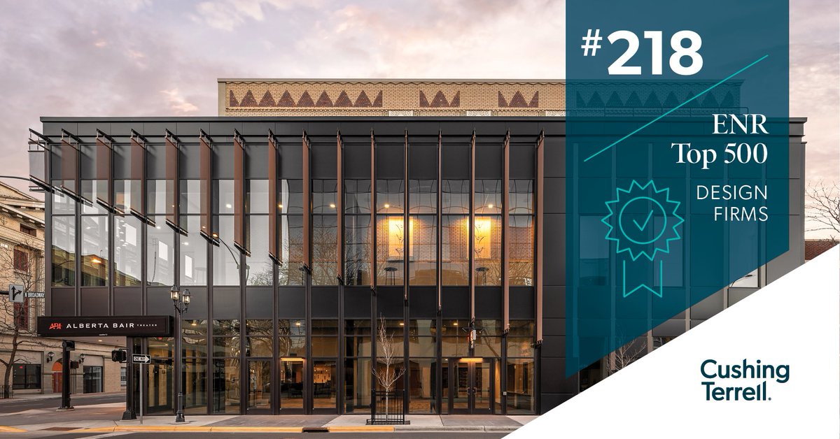 Cushing_Terrell's tweet photo. We’re excited to jump up 36 spots in the #ENRTop500 #DesignFirms list, reflecting our growth and focus on key markets. It’s been a great year with fantastic project initiations across our markets. Congrats to our talented team who keep driving us forward to forever improve! https://t.co/0gc08PhxPp