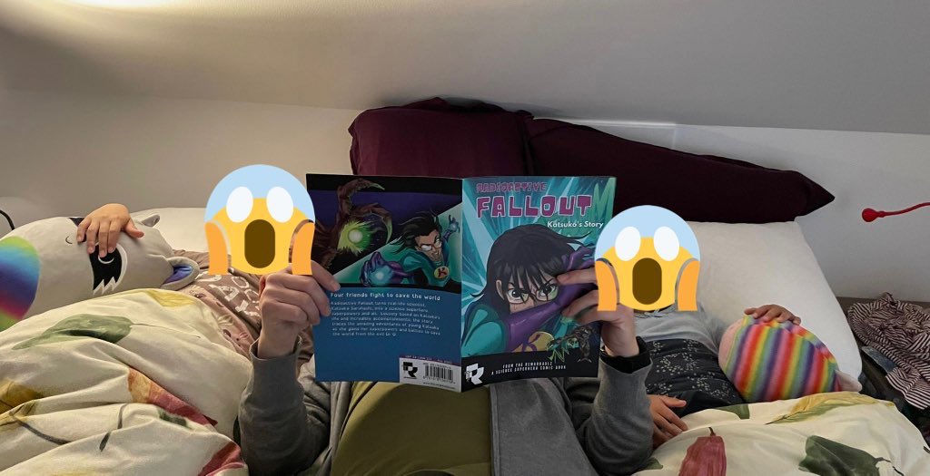 TheRemarkablz's tweet photo. Sisters C&amp;J from Denmark are loving  #radioactivefallout but were a tad worried when Dr O turned full supervillain! Don’t worry girls Katsuko is here to save the day! https://t.co/HcAWOFivDB