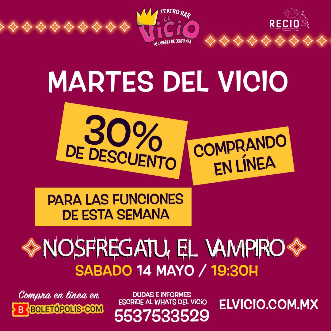 elvicioteatro's tweet photo. Llegó ese día especial que tanto esperamos... 💖 El #MartesDeVicio 💃 Aprovecha y disfruta del 30% de descuento comprando en línea por @boletopolis tu boleto de entrada general para la función del sábado #NosfregatuElVampiro con @lasreinaschulas 💋
🎟https://t.co/kbCjRk6y74 https://t.co/P3pYGeMVk3