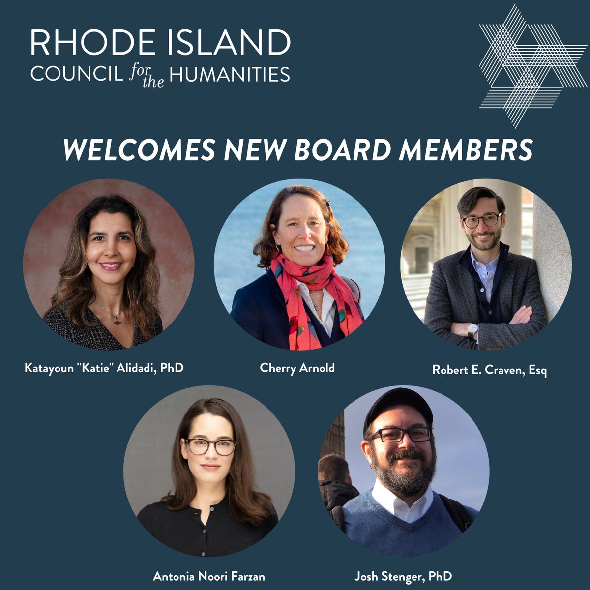 Welcome to the Humanities Council's new board members including: Katayoun Alidadi, PhD, Cherry Arnold, Robert E. Craven, Esq, Antonia Noori Farzan, and Josh Stenger, PhD. Full announcement at: ow.ly/fjVp50J4oo7 

See the  3 Questions series to learn more.