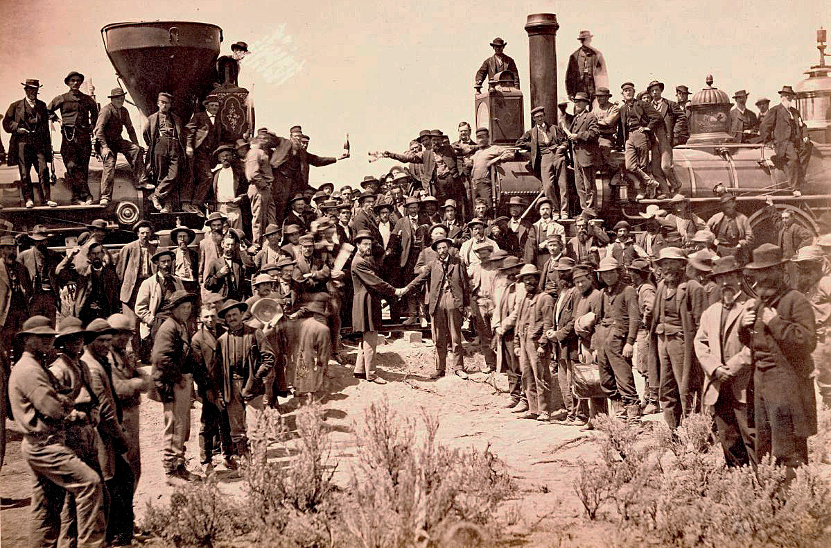 Today's the 153rd Golden Spike Anniversary! This famous photograph was taken by Andrew Russell at Promontory Summit, Utah, on May 10, 1869. It's titled “East and West shaking hands at laying of the last rail."