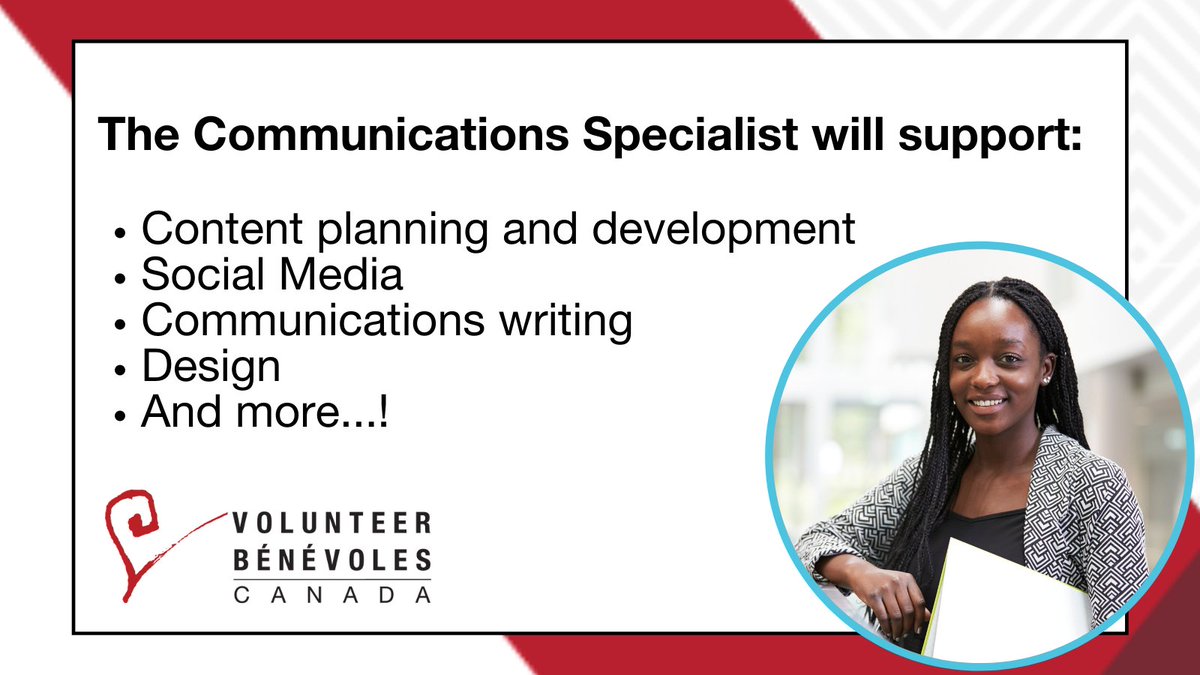 VolunteerCanada's tweet photo. The Communications Specialist position is a great opportunity for anyone interested in gaining experience within a dynamic non-profit organization while developing their #marketing and #communications skills. 

Learn more: https://t.co/X8sfrkQ9H4

#summerjobs https://t.co/udNmzukalR