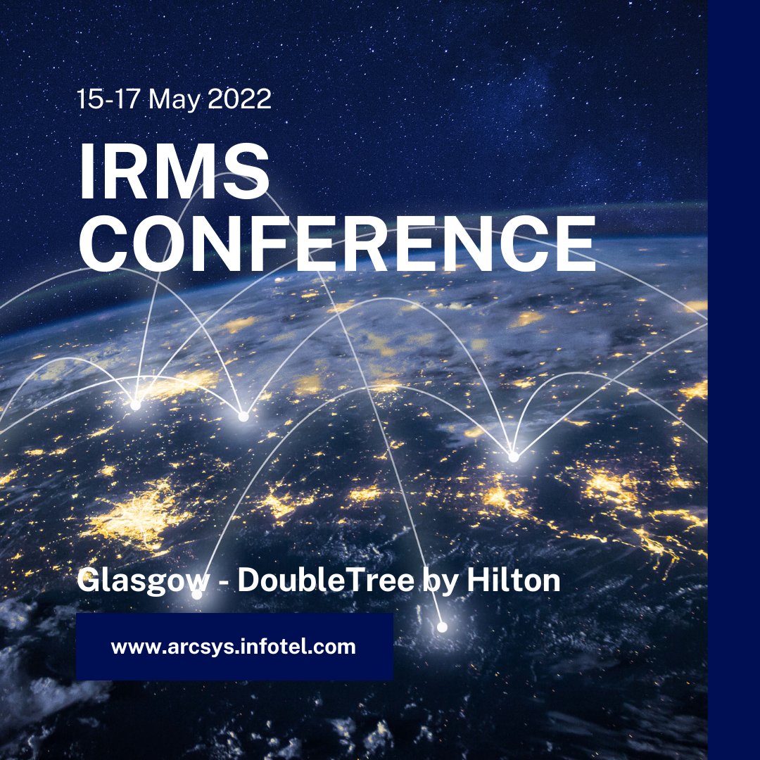 From 15 to 17 May, join our team for the IRMS 2022 conference. 
We are looking forward to seeing you this year.
See you soon.
To learn more: arcsys.infotel.com

#recordsmanagement #digitalpreservation #event
