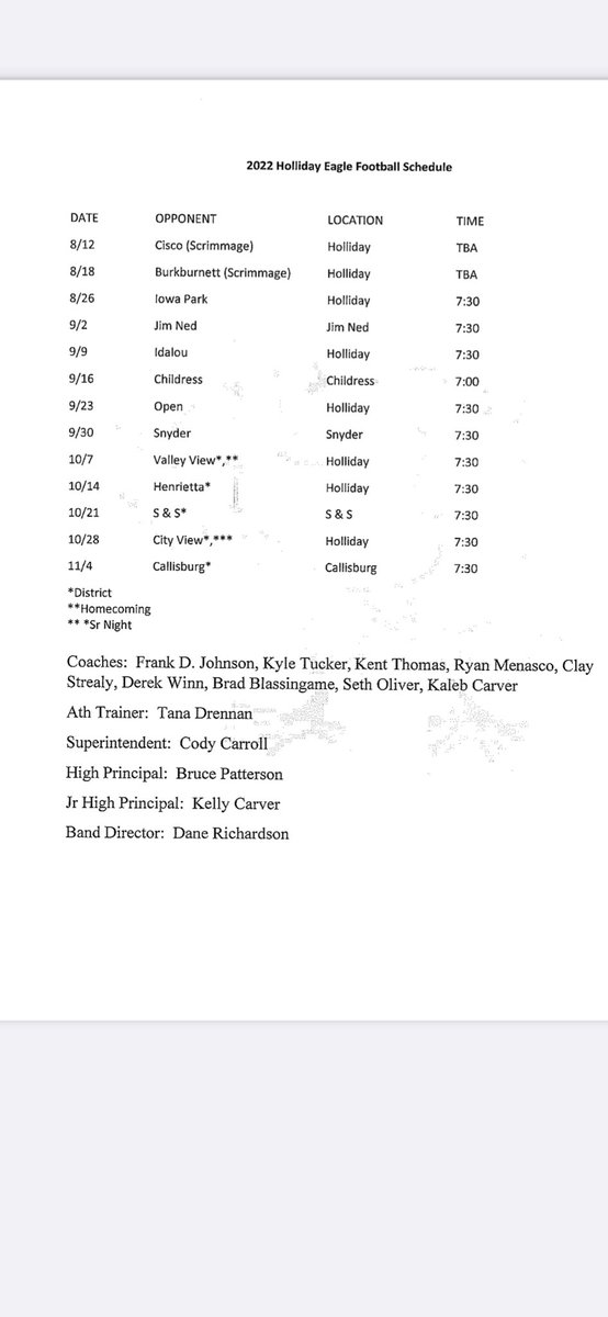 2022 Holliday Eagle Football Schedule.