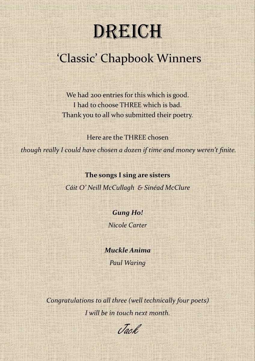 drpaulwaring's tweet photo. Stunned by the news that I’m a Dreich ‘Classic’ Chapbook winner, especially as my writing has been severely restricted by family &amp; health issues over the past 18mths. Big thanks to the incredible editor/publisher Jack Caradoc @Dreich25197318 and congratulations to fellow winners. https://t.co/VAyPuDv6gT