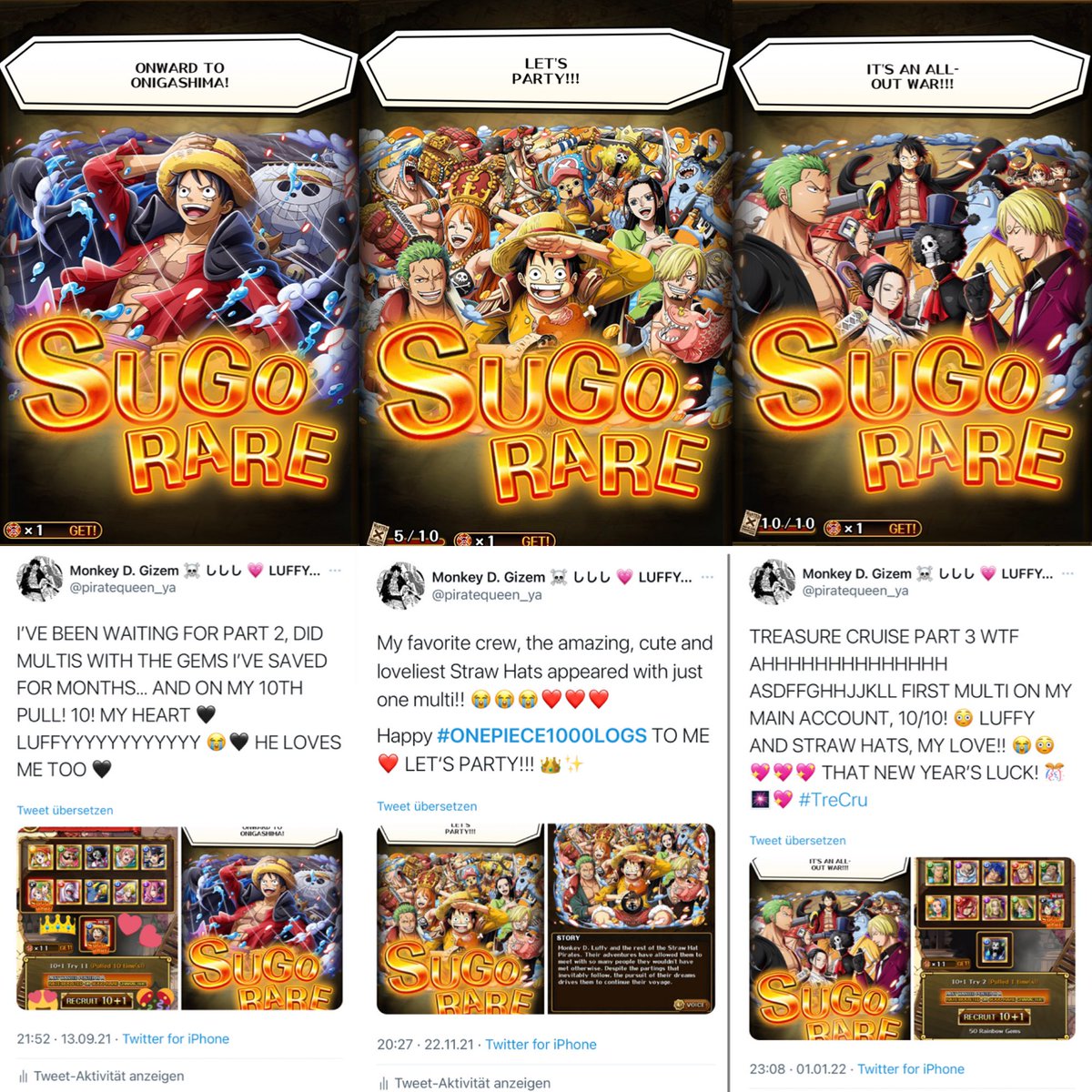 piratequeen_ya's tweet photo. #MyOPTCMemory Every time I pull Luffy, it’s the best moment for me! 🥰❤️ Highlighting last year and the beginning of 2022: Raid Luffy during my Birthday week/debut sugo, I COULDN’T BELIEVE THAT!! 😭❤️🖤 Straw Hats during the #ONEPIECE1000LOGS anime celebration and New Years!! ❤️ https://t.co/Pgxv3fK5l3