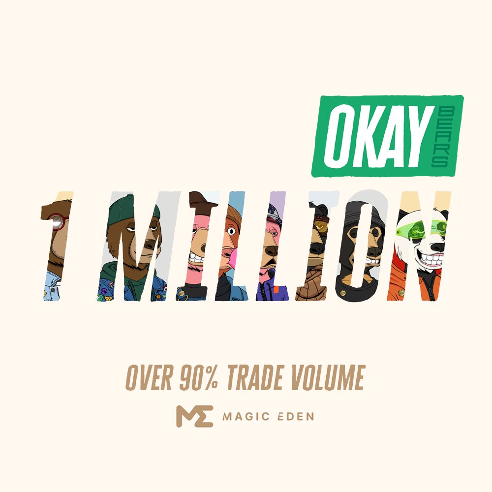 MagicEden's tweet photo. Over 1,000,000 $SOL in trade volume in just 2 weeks 🚀

Huge congratulations to @okaybears for achieving this milestone in record time #WAGB000000 👌🐻 https://t.co/8c4aAlEVEp