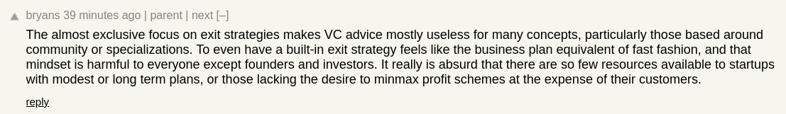 Great post by <a href="/NeilThanedar/">Neil Thanedar</a> on Hacker News - "We Need a Middle Class for Startups." I agree with these sentiments.

news.ycombinator.com/item?id=313272…