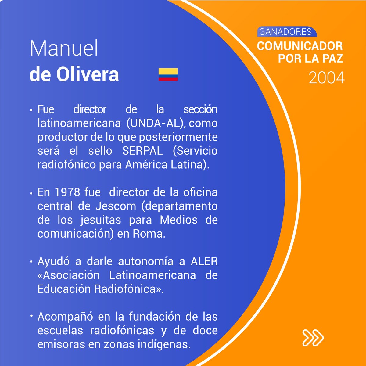 ComlacSignis's tweet photo. En tu país puede estar el próximo #ComunicadorxlaPaz del #Comlac6

Te presentamos parte de la obra y vida de quienes fueron galardonados con esta distinción en nuestro primer @comlacsignis 

Tienes hasta el 31 de mayo para hacer llegar tu candidato https://t.co/Vh4GTBSpti