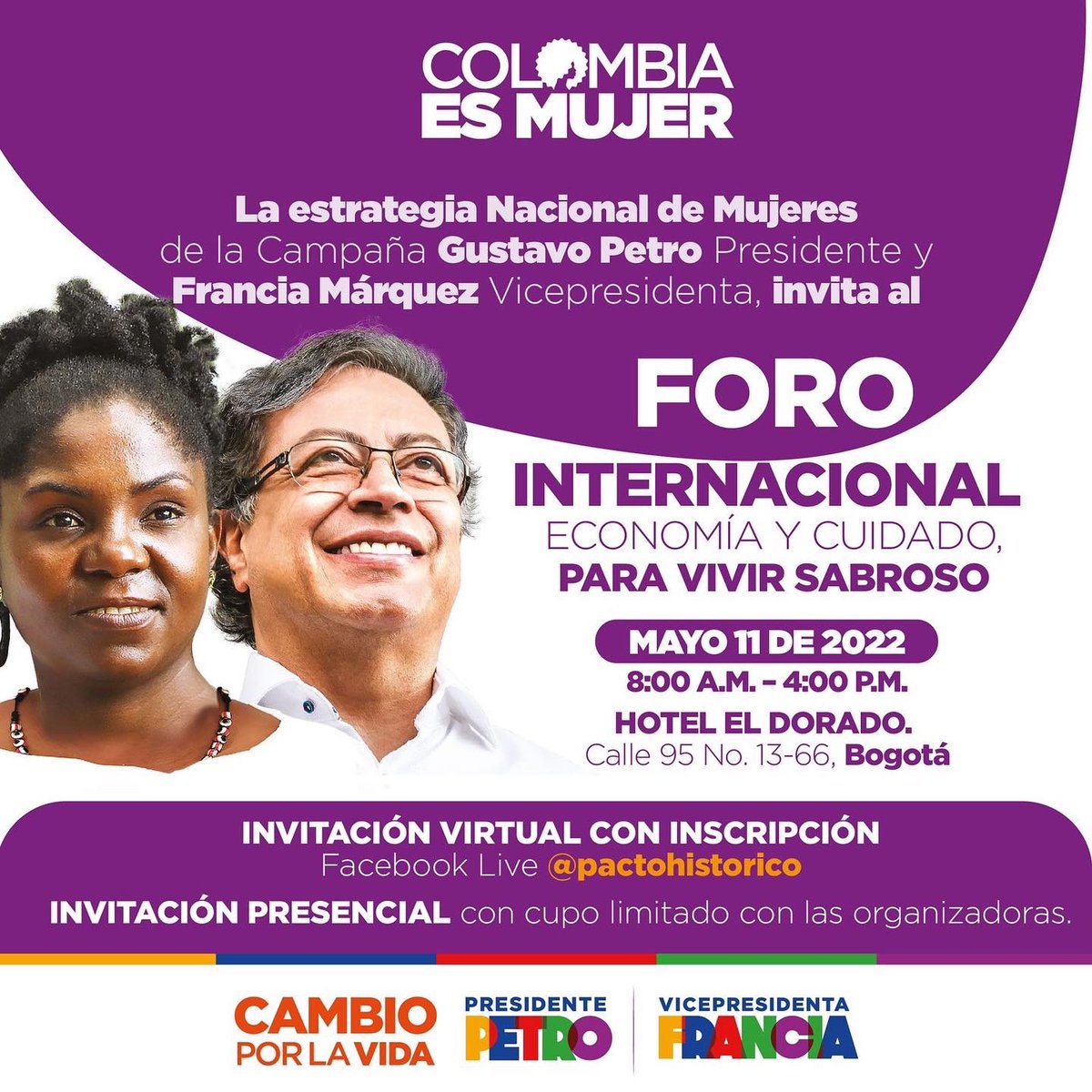 PactoCol's tweet photo. L@s esperamos mañana a partir de las 8:00 a.m. en nuestra transmisión en vivo ‘Foro Internacional Economía y Cuidado Para Vivir Sabroso’ en el Facebook oficial del Pacto Histórico #ColombiaEsMujer💜 https://t.co/yyjJCF5rly