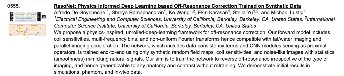 Come watch how neural networks can be taught to correct for off-resonance using noise. #ISMRM22 Work by <a href="/adegoyeneche/">Alfredo De Goyeneche</a> <a href="/ShreyaR08/">Shreya R</a> <a href="/KarasanEkin/">Ekin Karasan</a> <a href="/KewangKe/">Ke Wang</a> and Stella Yu. Perfect timing for abstract #555 (!) 17:33 Wed. Room N11