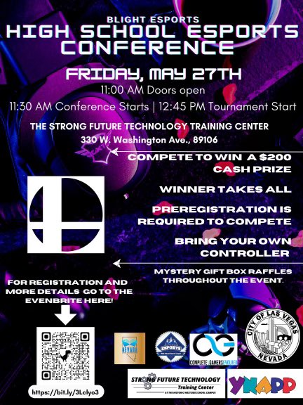 MrsTinVegas's tweet photo. Calling all eSports advisors, those considering being advisors, counselors, admin and potential club members to register for my son’s conference to increase eSports in @ClarkCountySch #YNAPP @CityOfLasVegas @strongfuturelv #PleaseRT https://t.co/5TLOGR7bYA