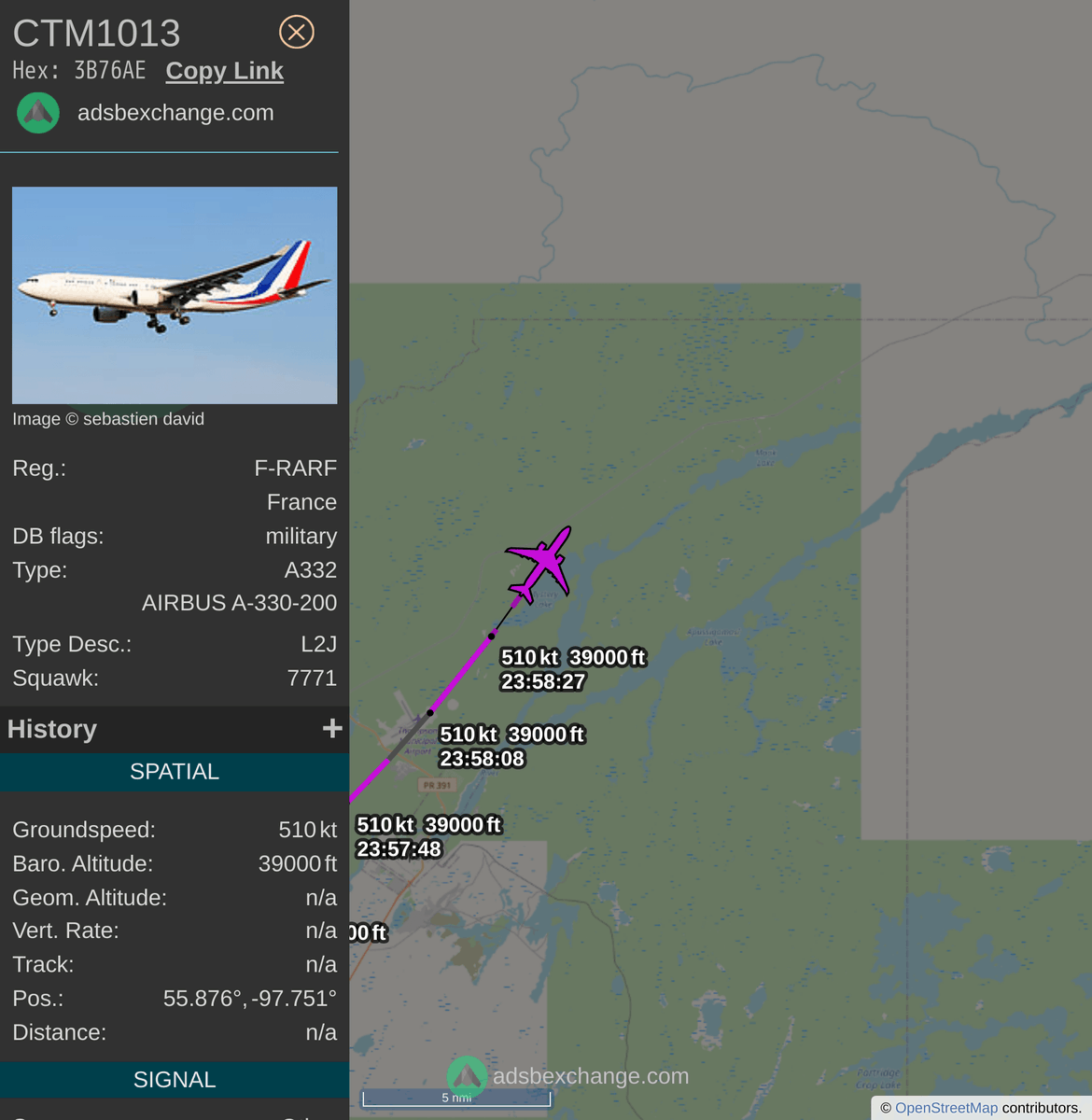 FlottePresident's tweet photo. 🛬 L'Airbus A330-200 🇫🇷 République Française 🇫🇷 immatriculé #FRARF a atterri près de Thompson, Canada.
Revoir ce vol #CTM1013 : https://t.co/ZqrrPJQVE6 https://t.co/q9wTn7UzRq