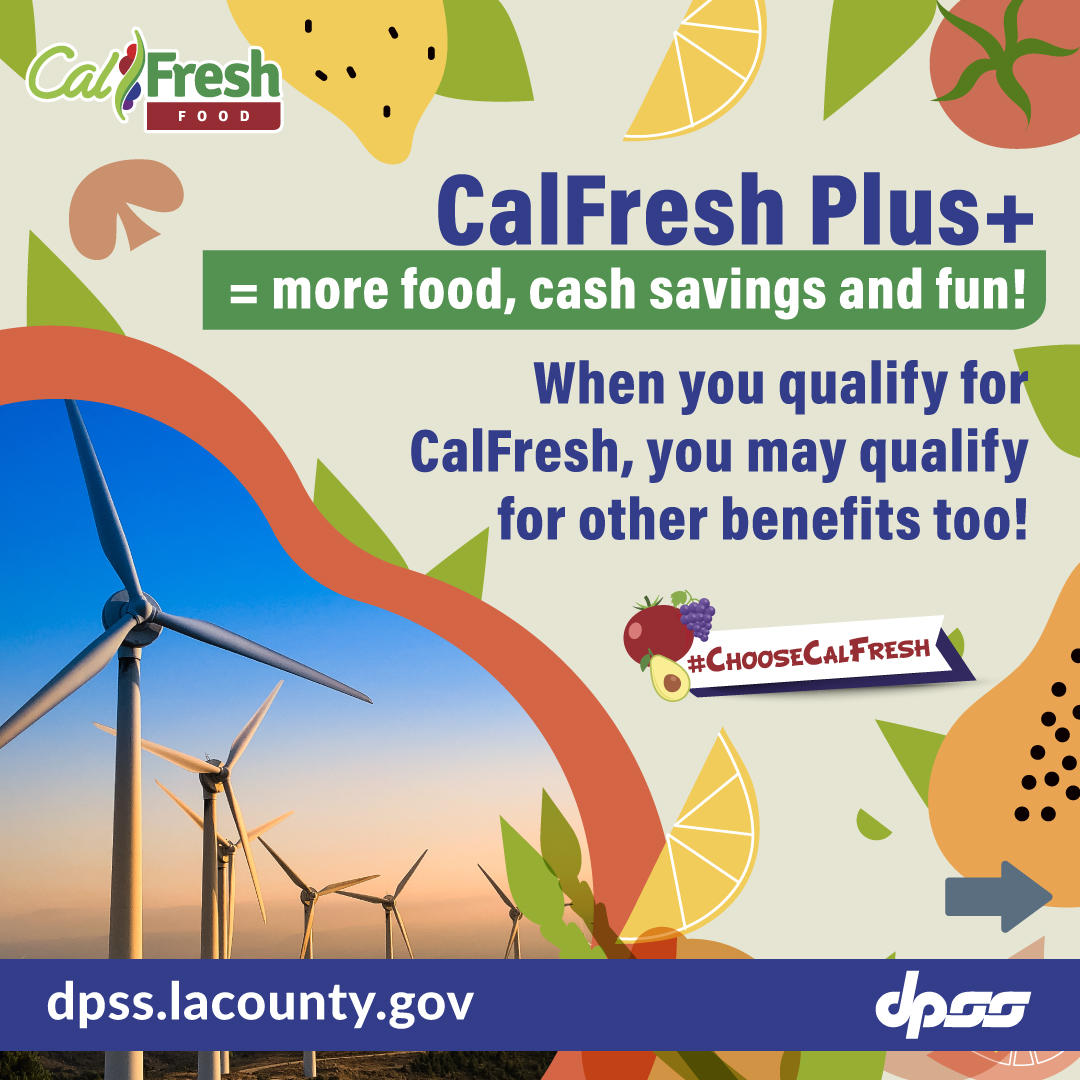 LACo_DPSS's tweet photo. CalFresh Plus means your income may qualify you for discounts on utilities that save you money to use for other expenses. 

#CalFreshPlus #ChooseCalFresh #utlities #discounts #losangeles @CountyofLA https://t.co/QVNtDJu8zq