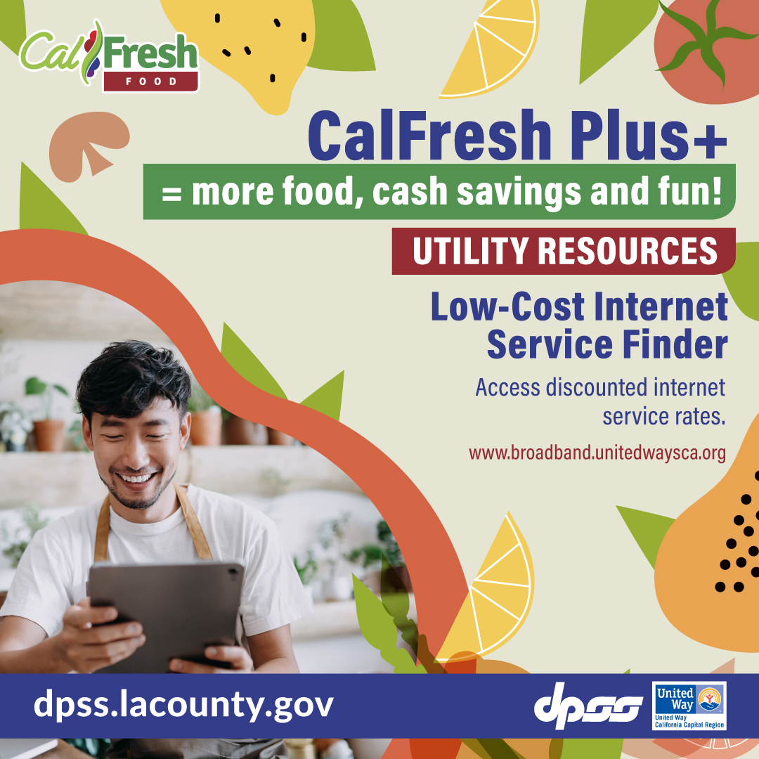 LACo_DPSS's tweet photo. CalFresh Plus means your income may qualify you for discounts on utilities that save you money to use for other expenses. 

#CalFreshPlus #ChooseCalFresh #utlities #discounts #losangeles @CountyofLA https://t.co/QVNtDJu8zq