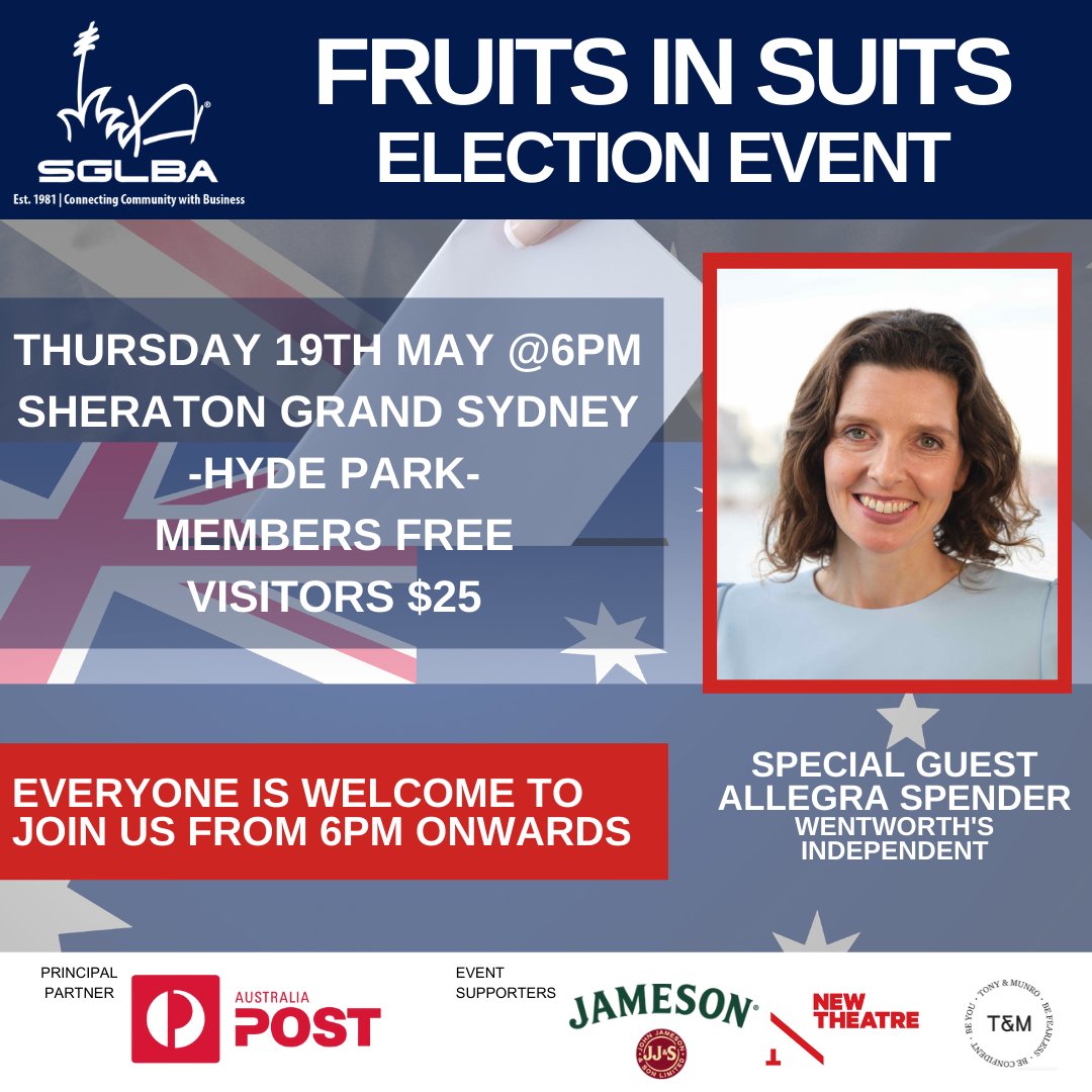 FRUITS in SUITS - Thursday 19th May . Special guest Allegra Spender will pop in for a quick election update ahead of the election weekend. . Members in for FREE, visitors $25 . Lots of lucky door prizes. . bit.ly/3N7Hr8S