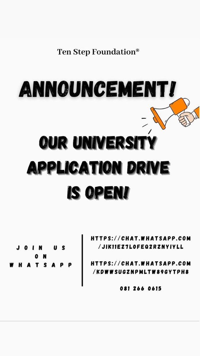 TenStepFoundat1's tweet photo. Our University Application Drive is open!!
For any help with university, bursaries or scholarship applications.
Copy the links below to join our whatsapp group.

https://t.co/C2PyGM5ZY3

https://t.co/DPULf8t4dh

#TenStepFoundation #youthempowerment #youth #education #university https://t.co/SY3FJQ1BV3
