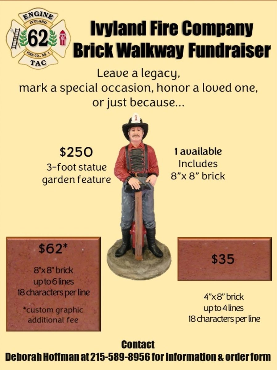 We are having a brick sale! If you are interested in getting a brick for you or someone else please contact Deborah Hoffman at 215-589-8956 for more info