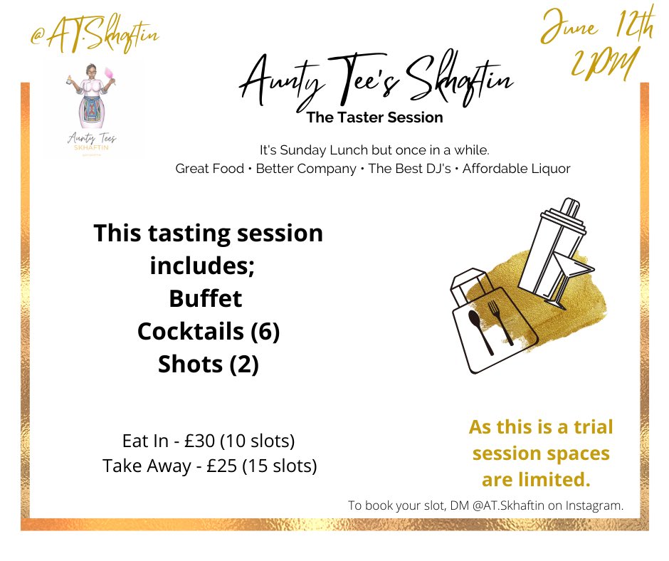 Did I study it? - yes ✅ 

Do I enjoy it? - yes ✅ 

Do people think I can do it? - yes ✅ 

Do I do it all the time anyway? - yes ✅

So am I making a thing of it? - yes ✅ 

Come join me on my new venture ☺️

June 12th

2PM 

📍 E London

Insta: AT.Skhaftin 

#Food #Cocktails