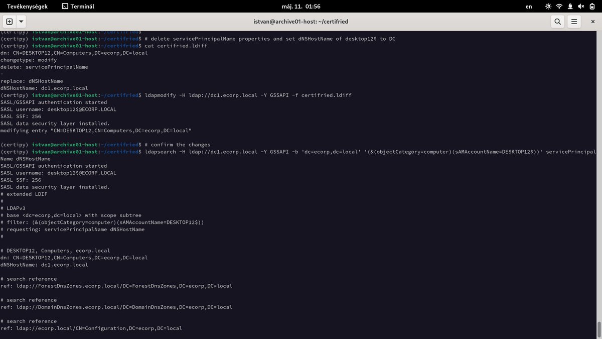 an0n_r0's tweet photo. reproduced, awesome! from owned (or just freshly created) computer account to domain admin in couple of steps using ADCS by exploiting CVE-2022-26923 reported and documented by @ly4k_. patch DCs ASAP! :) https://t.co/8dm4wIe9QN