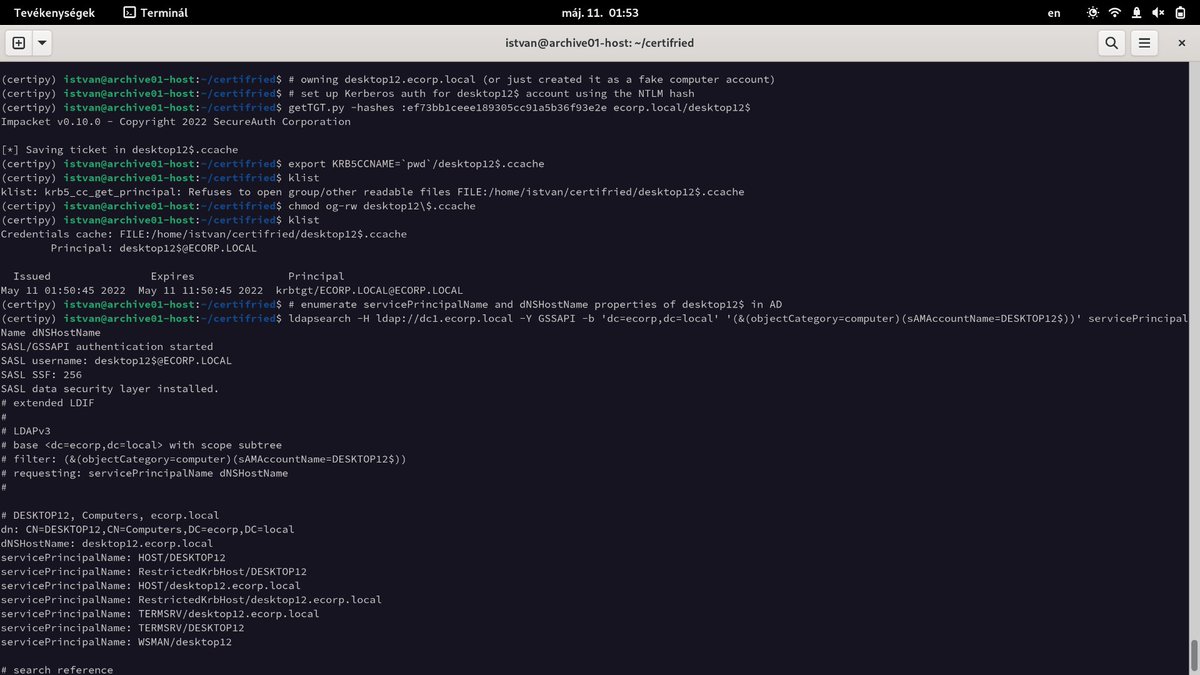 an0n_r0's tweet photo. reproduced, awesome! from owned (or just freshly created) computer account to domain admin in couple of steps using ADCS by exploiting CVE-2022-26923 reported and documented by @ly4k_. patch DCs ASAP! :) https://t.co/8dm4wIe9QN