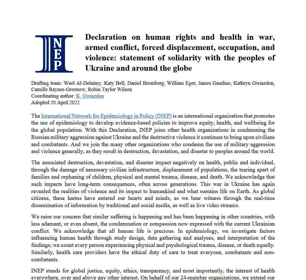 INEP joins other health organisations in condemning Russian military aggression against Ukraine &amp; the violence it brings upon civilians &amp; combatants. 

For our full statement please go to our website: epidemiologyinpolicy.org/ukraine-declar…
@KatyGwiazdon <a href="/KatyJLBell/">Katy Bell</a> <a href="/C4Camille/">Camille Raynes-Greenow</a>