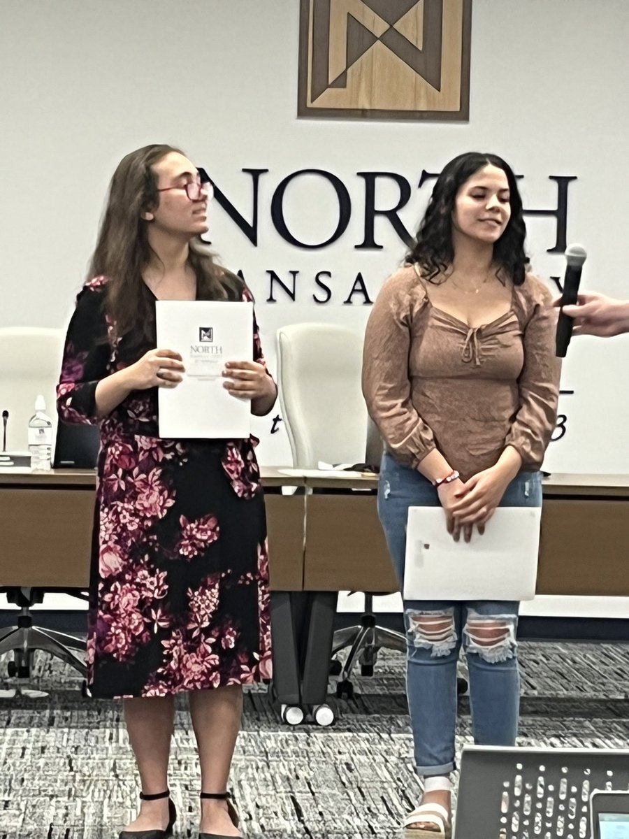 Zoe Saleem and Patsy Derrell are recognized at our <a href="/NKCSchools/">NKC Schools</a> board meeting for winning entries in the Missouri PTA reflections competition. Amelia McCoy was also honored.