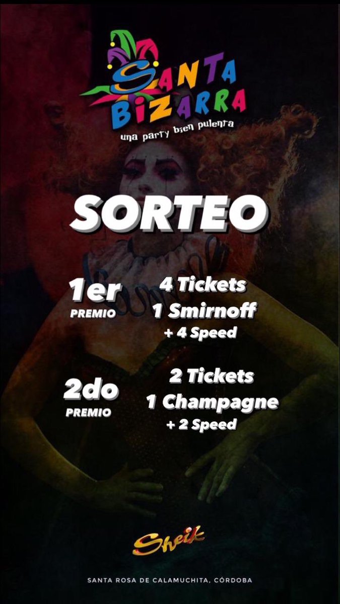 Sorteo Bizarro! 🎭

🥇 4 Ingresos + 1 Botella de Smirnoff + 4 Speed
🥈 2 Ingresos + 1 Champagne + 2 Speed

•Requisitos: Seguirnos en Twitter y darle RT a esta publicación!

Suerte para todosss 🍀