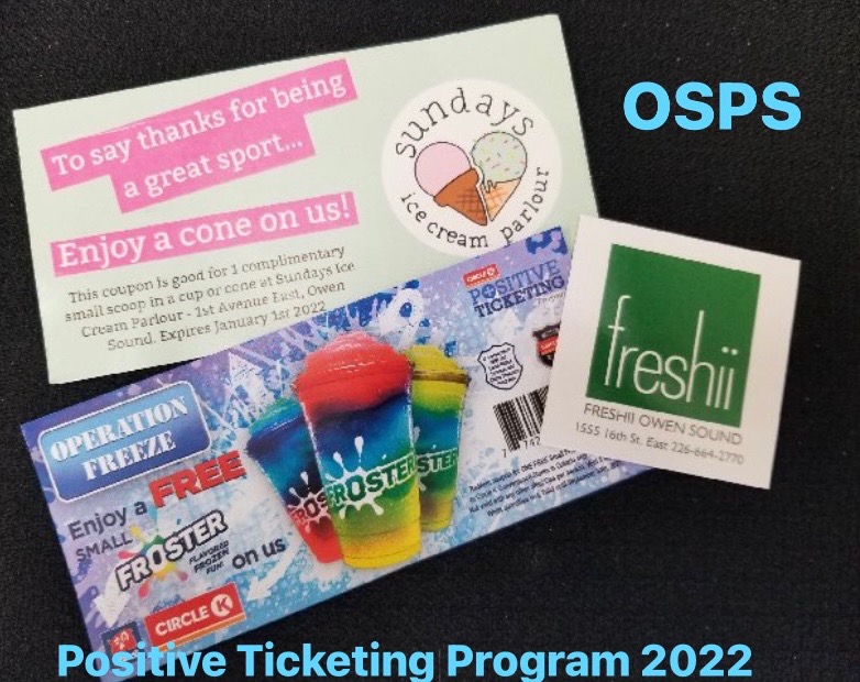 OwenSoundPolice's tweet photo. Thanks to our 2021 #positiveticketing sponsors who donated coupons to distribute to deserving youth in our community! If your business would like to participate, see the photo for details! #communitypartners @CircleKStores @ChiefAmbroseOSP @Insp_DBishop @JFluneyOSPS @OSPApres https://t.co/50RczhNXUw