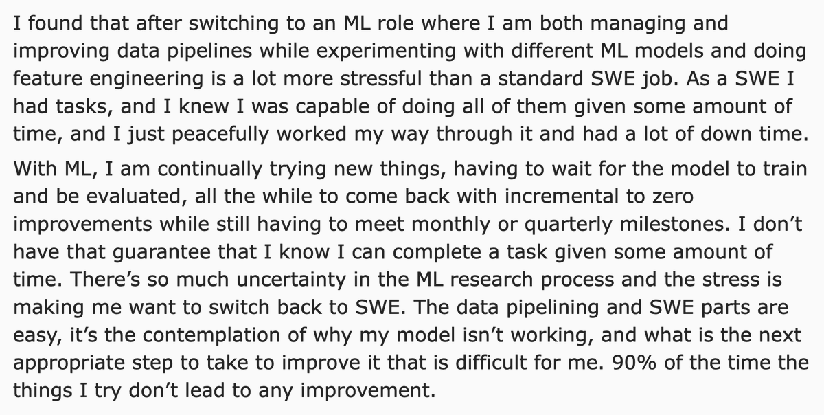 hardmaru's tweet image. “Are there any software engineers that switched into a machine learning role and found it a lot more stressful due to deadlines combined with the uncertainty of research?”

Discussion: redd.it/ulsuzn