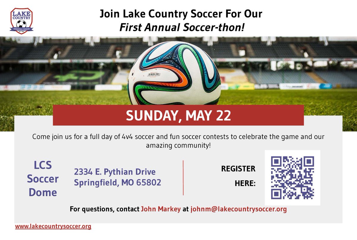 LCSoccer1's tweet photo. Join us for a full day of 4v4 soccer &amp; skills contests to celebrate the game and community.  Players have the opportunity to participate in fun soccer challenges while raising  funds for the benefit of young athletes in the greater Springfield area.
Go to https://t.co/TzR468xn1r https://t.co/aYZEMDQLHf