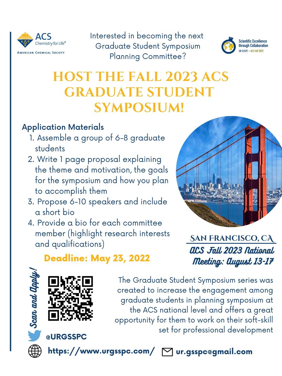 URGSSPC's tweet photo. We have extended the deadline for submission of the application materials for #ACSFall2023 GSSPC! Don't miss this great opportunity, apply now!! The new deadline is now May 23! #chemtwitter @AmerChemSociety #RealTimeChem #STEM https://t.co/JdiWGGyMOM