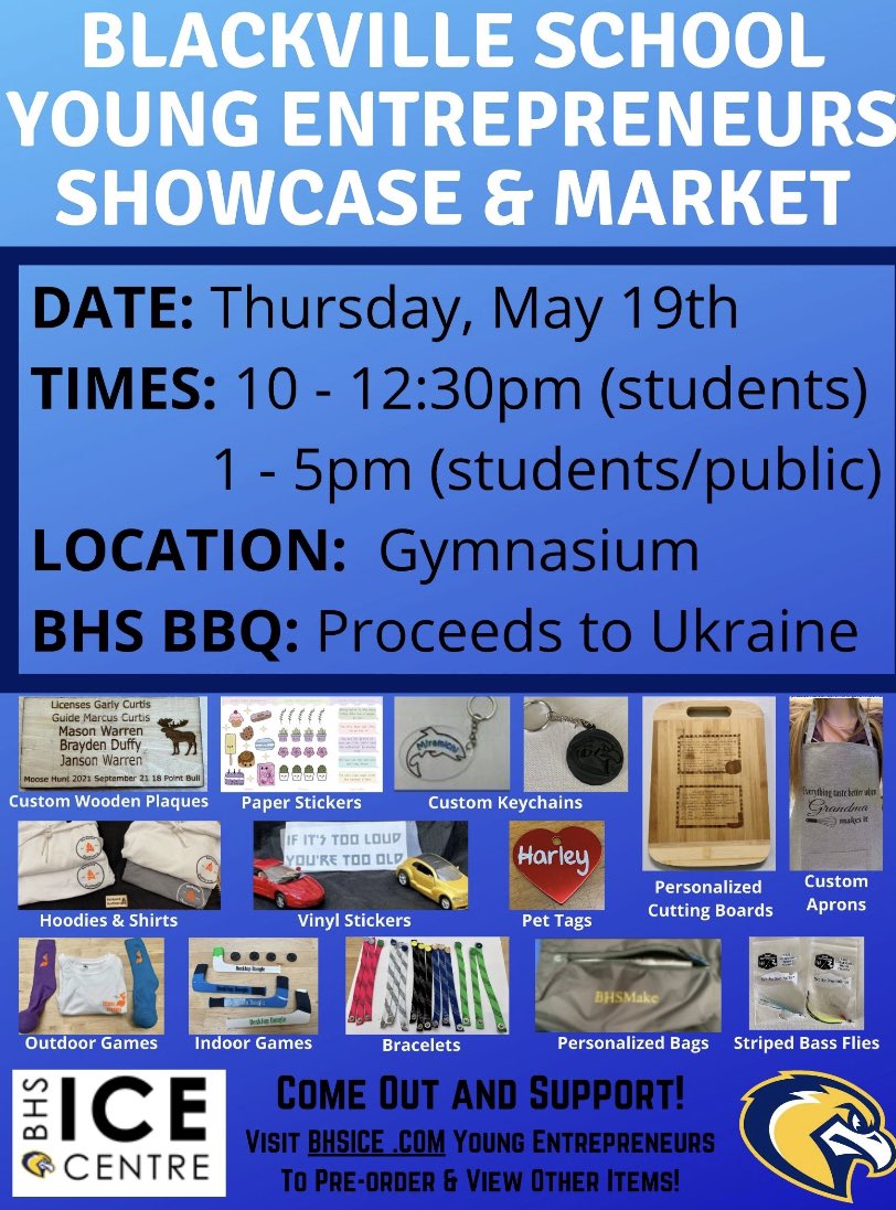 BHSMaker's tweet photo. @BvilleHighPromo will be hosting a showcase &amp; market on Thursday, May 19th... open to the public from 1-5pm.  Check out our posters and https://t.co/M0te1SJapm for more details on ventures.  RT to help spread the word... @asdnnb @stemnorth @BvilleTalon @brilliant_labs https://t.co/lsl0OkdYEq