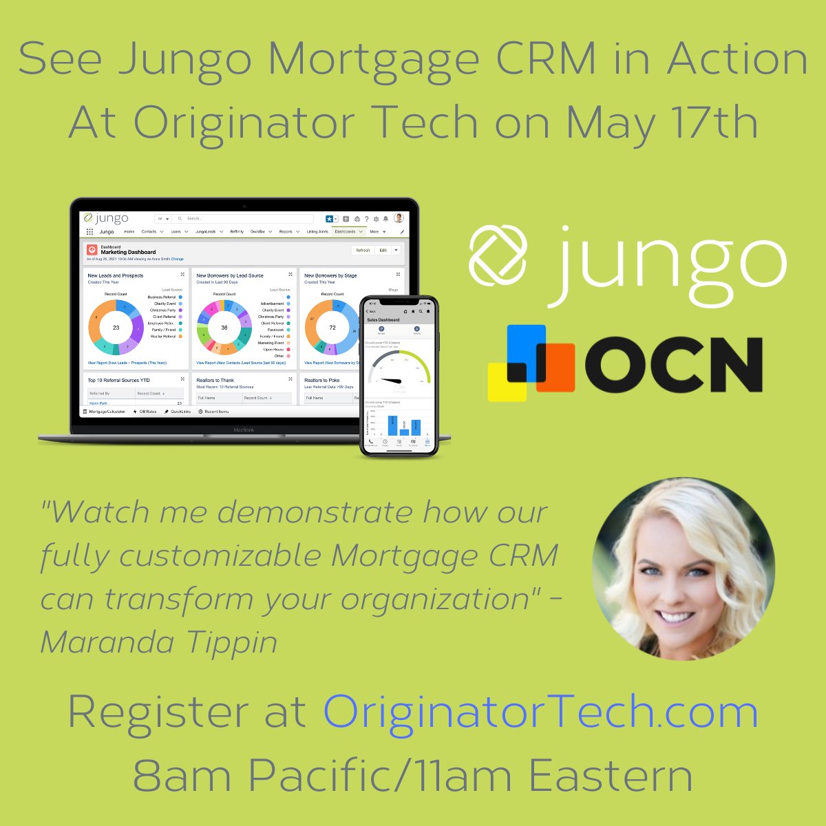JungoInc's tweet photo. FREE WEBINAR: Watch Jungo's #MortgageCRM in action at Originator Tech on Tuesday, May 17th at 8am pacific/11am eastern!

Enjoy live demos of tools that can change your game, complete with a Q&amp;A. No need to spend hours researching vendors.

Sign up below! 
https://t.co/XbbHaWZiUd https://t.co/5KidkLCwpn