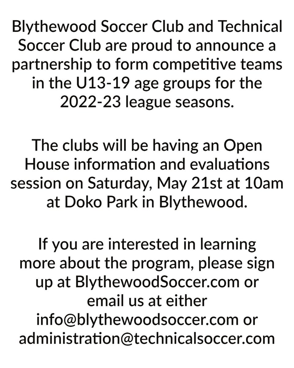 TechSoccerClub's tweet photo. @BlythewoodSoccr &amp; Technical Soccer Club are proud to announce a partnership to form U13-19 competitive teams for the 2022-23 league seasons! https://t.co/fR9s8hbjkR